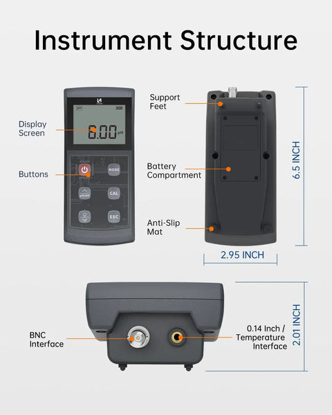 Instrument structure of All In One Portable PH Meter With ATC And Large Backlit Display, 0.01 PH Accuracy, 6.5 inch height