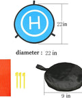 Illustration of Waterproof Portable Foldable Helipad Landing Mat For Drones 22 Inch 55cm with stakes and carry bag.