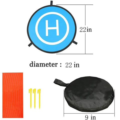 Illustration of Waterproof Portable Foldable Helipad Landing Mat For Drones 22 Inch 55cm with stakes and carry bag.