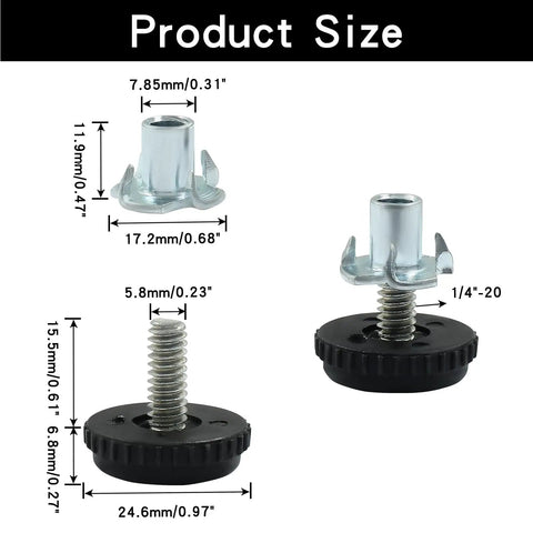 24 Pack Adjustable Furniture Levelers With 1/4-20 Thread Screw In Glides With T Nuts showing detailed measurements