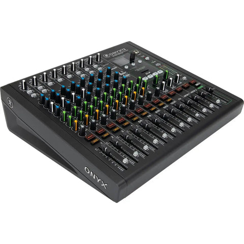 Onyx Series 12-Channel Premium Analog Mixer With USB Multi-Track Recording And SD Card Playback, 96kHz/24-Bit, angled view