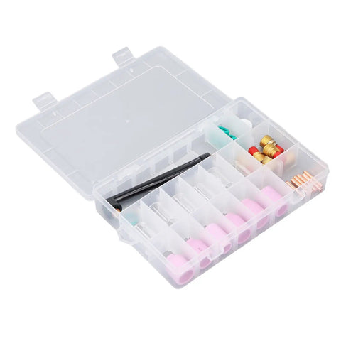 Ultimate 40 Piece TIG Welding Consumables Kit For Wp9 25 with ceramic nozzles and clips in clear storage box.