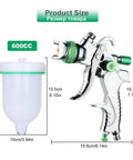 Slick Handheld Airbrush Kit Featuring Heavy Duty Pneumatic Spray Gun With Adjustable Nozzle For Smooth Car Painting Furniture Prep And Clear Coat Finish On Any Project dimensions with 600cc cup and spray gun details.