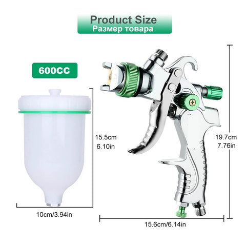 Top Tier Handheld Airbrush Kit Featuring Heavy Duty Pneumatic Gravity Feed Spray Gun with 600cc cup, detailed size dimensions.