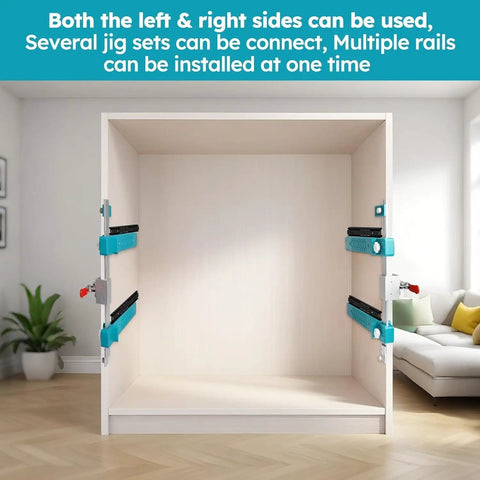 Heavy Workhorse Drawer Slide Jig With Toggle Clamp And Magnetic Arm For Slick Cabinet Alignment Quick Setup Woodworking Guide showing adjustable jigs on cabinet sides.