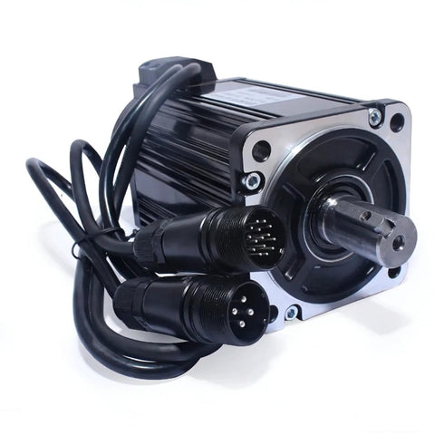 Front view of 90ST-M04025 220V AC servo motor with black housing, silver mounting flange and protruding shaft