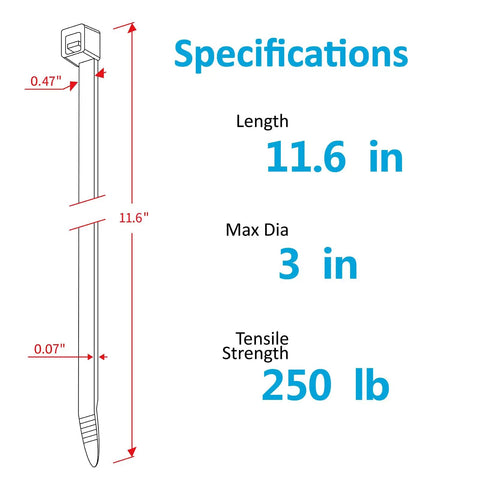 Specifications of Heavy Duty Zip Ties 250 Lb Tensile Strength, 11.6 Inch Long 0.47 Inch Wide Thick Electrical Cable Ties