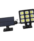 Eminchu Solar Flood Light for Patio Yard, 240 LED with solar panel and motion sensor, sleek black design.