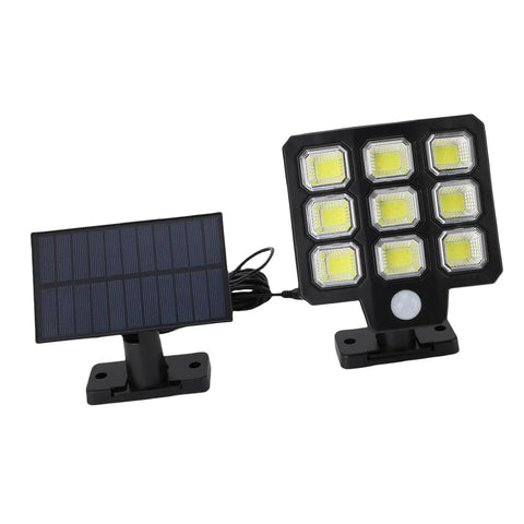 Eminchu Solar Flood Light for Patio Yard, 240 LED with solar panel and motion sensor, sleek black design.