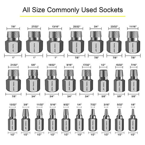 25 Piece Screw Extractor Set With Hex Head Multi-Spline Easy Out Bolt Remover In Premium CR-MO Steel, displayed in various sizes.