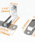 90 Degree Stainless Steel Sliding Door Latch For Barn Doors And Cabinets with dimensions, silver finish.