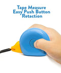 Hand holding kid friendly 8 foot tape measure with blue bird design STEM educational tool featuring level and protractor retractable and child safe vinyl case with backpack clip ideal gift for boys and girls 3 plus.