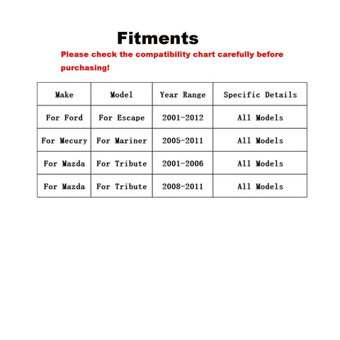 Compatibility chart for wheel bearing hub 510072 for Ford Escape 2001-2012, Mercury Mariner 2005-2011, Mazda Tribute 2001-2011.