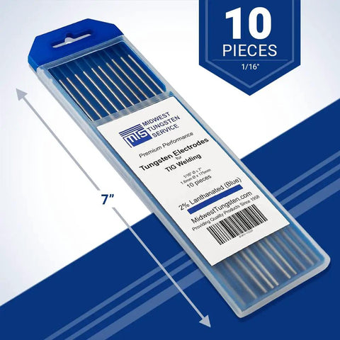 One Sixteenth Inch Two Percent Lanthanated Tungsten Electrodes WL20 Blue Ten Pack For TIG Welding displayed in packaging