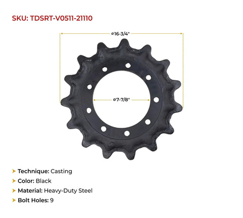 Top Shelf 2 Pack 15 Tooth Drive Sprocket For Kubota SVL75 SVL75 2 SVL75C Skid Steer Loader, 16-3/4 inch, heavy-duty steel, 9 bolt holes.