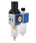 Compact Pro Grade FRL Unit With Regulator And Lubricator And Oil Separation For Industrial Pneumatic Tools, dual gauge, clear filter design.