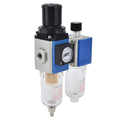 Compact Pro Grade FRL Unit With Regulator And Lubricator And Oil Separation For Industrial Pneumatic Tools, dual gauge, clear filter design.