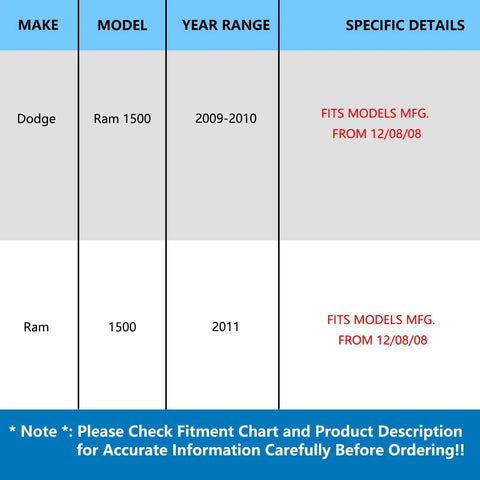 Fitment chart for Front Wheel Bearing Assembly For Dodge Ram 1500 2009 2010 2011 With ABS Hub Replacement
