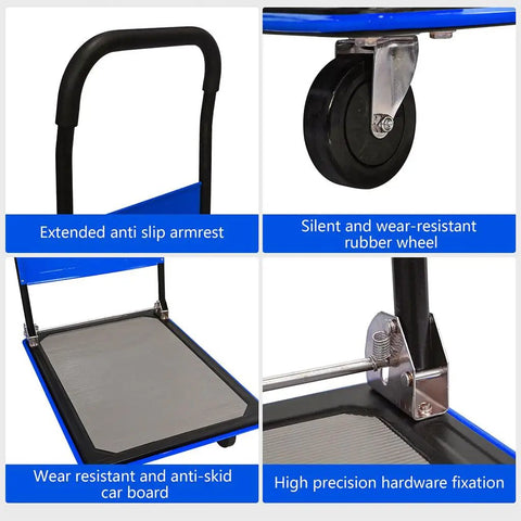 Heavy Duty Workhorse Folding Platform Truck With 660 Lb Capacity, Flatbed Hand Truck On 360 Degree Swivel TPR Silent Wheels, Non Slip Utility Dolly For Moving Boxes In Warehouse Garage And Office, Durable Steel Frame Blue