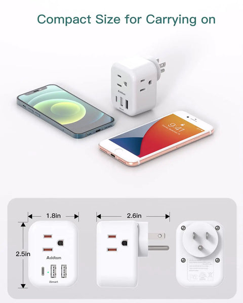 Two Pack Cruise Ready USB Outlet Extender With Three AC Outlets And USB Ports Including One USB C, size comparison with phones