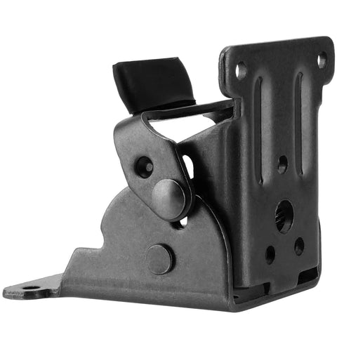 Badass Heavy Duty Folding Brackets For Tables And Bed Legs, 8 Pack Self Locking Hinges With Wood Screws, Sturdy Cold Rolled Steel Extension Supports For Workbenches, Black close-up of black steel hinge.