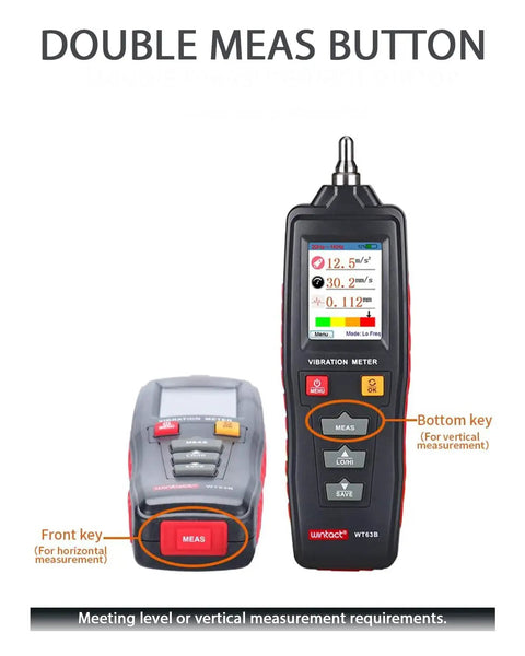 Handheld Vibration Meter And Digital Vibration Analyzer - Portable Vibrometer With Piezoceramic Accelerometer, double MEAS button