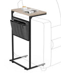 C Shaped End Table For Couch And Recliner With Under Sofa Sliding Laptop Tray And Storage Pockets, Greige Finish
