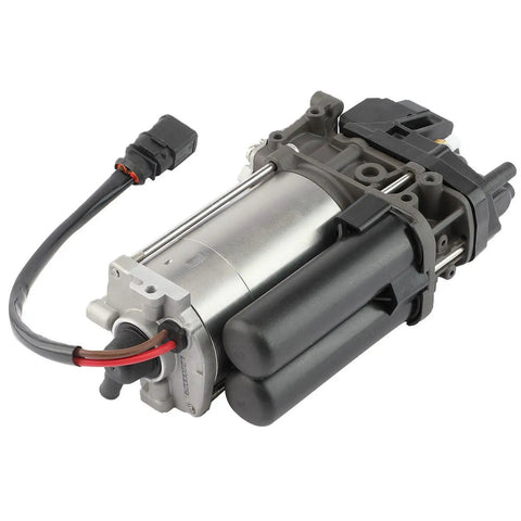 Bulletproof Heavy Duty Electric Air Suspension Compressor Compatible With Tesla Model S And X, gray and black metal unit with wiring.