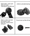 Bypass Sliding Barn Door Hardware Track System components including nylon rollers, bearings, and anti-jump systems shown individually.