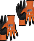 Rugged Knit Dipped Work Gloves With Nitrile Coating For Cut Resistance ANSI A1 Touchscreen Compatible Nylon Spandex Fit Snug And Flexible Grippy Grip X Large Two Pack For Everyday Jobs displayed with orange and black design.