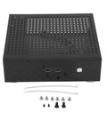 Front view of Compact Mini ITX HTPC Case Aluminum Alloy DIY Desktop Chassis with heat dissipation vents and accessories