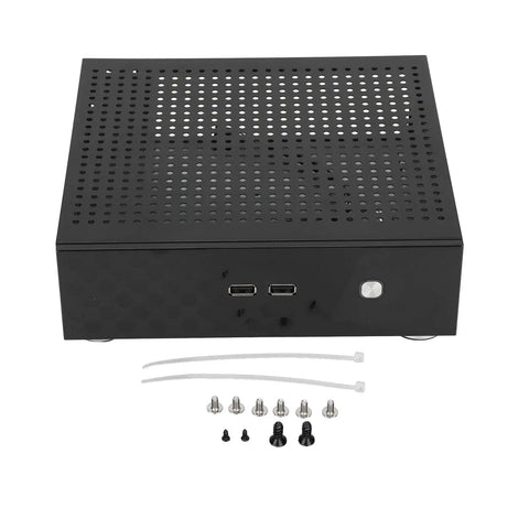 Front view of Compact Mini ITX HTPC Case Aluminum Alloy DIY Desktop Chassis with heat dissipation vents and accessories