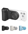 Magnetic Wireless Camera Grip Power Bank 9300mAh with Bluetooth Shutter and LCD Screen shown in black, white, and blue.