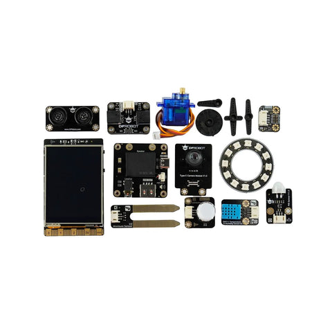 Dope M10 Python IoT Kit with 2.8 inch touch screen, sensors, and components laid out; ideal STEM coding gift for beginners.