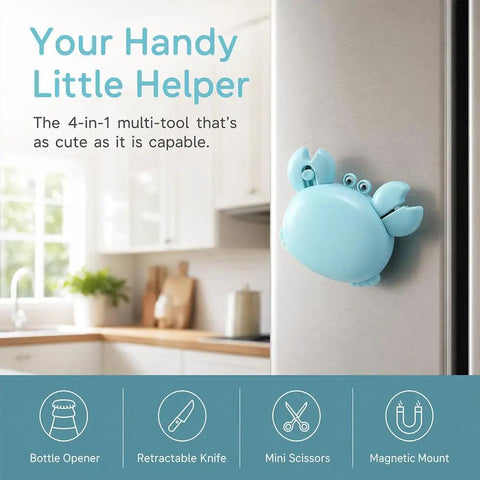 Dope 4 In 1 Magnetic Fridge Mount Multi Tool With Bottle Opener, Retractable Box Cutter And Mini Scissors in blue crab shape