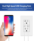Image of Turbo Fast Charge USB C Outlet With 24W Power Delivery And USB A Dual Port Receptacle in use charging a smartphone, featuring tamper-resistant design with screwless wall plate.