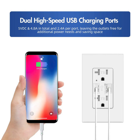 Image of Turbo Fast Charge USB C Outlet With 24W Power Delivery And USB A Dual Port Receptacle in use charging a smartphone, featuring tamper-resistant design with screwless wall plate.