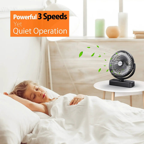 10000mAh Battery Operated Camping Fan With LED Light And 7 Inch USB Fan in bedroom setting with sleeping child