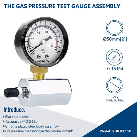 SenCTRL gas pressure test gauge assembly, 2-inch dial, 0-15 psi, brass valve, chrome-plated steel body, 3/4-inch FNPT