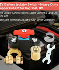 Super Cool Smart Battery Cut-Off Switch For 12v-To-24v Cars And Trucks Plus Boats Featuring Pure Copper High Conductivity with adjustable terminals on a battery.