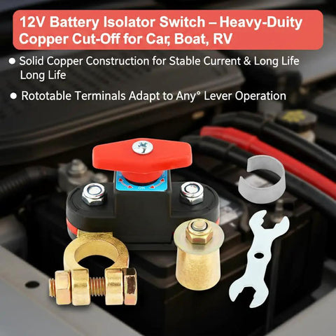 Super Cool Smart Battery Cut-Off Switch For 12v-To-24v Cars And Trucks Plus Boats Featuring Pure Copper High Conductivity with adjustable terminals on a battery.