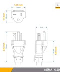 Technical drawing of 10-Foot NEMA 6-20P Extension Cord 20A 250V 12 AWG showing dimensions and plug type.