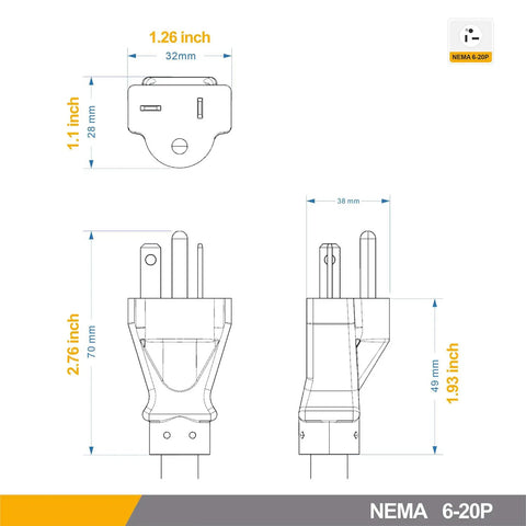 Technical drawing of 10-Foot NEMA 6-20P Extension Cord 20A 250V 12 AWG showing dimensions and plug type.