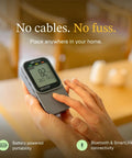 Straight Up Smart Digital Radon Detector Featuring Bluetooth Connectivity And Built In Temperature Humidity Sensors For Continuous Portable Home Air Quality Testing in hand, showcasing its digital display.