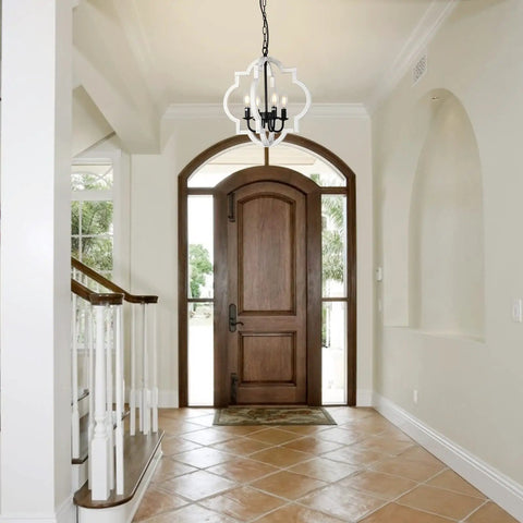 Farmhouse 4 Light Rustic Wood Chandelier Pendant Light For Dining Room Foyer And Kitchen With Cozy Vintage Vibe displayed in entryway