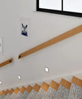 Adjustable Pine Wood Curtain Rod And Railing Support Kit For Indoor Outdoor Wall Mount Deck Patio Balcony Hardware Heavy Duty No Sweat Assembly Smooth Finish installed along a staircase.