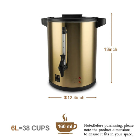 Front view of 6L Coffee Urn Hot Beverage Dispenser Electric Coffee Percolator with Double Wall Stainless Steel 38 Cup Capacity