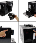 Top Shelf Bean To Cup Coffee Machine No Sweat Slick Operation showing black design and touch controls, detail of bean container extraction.