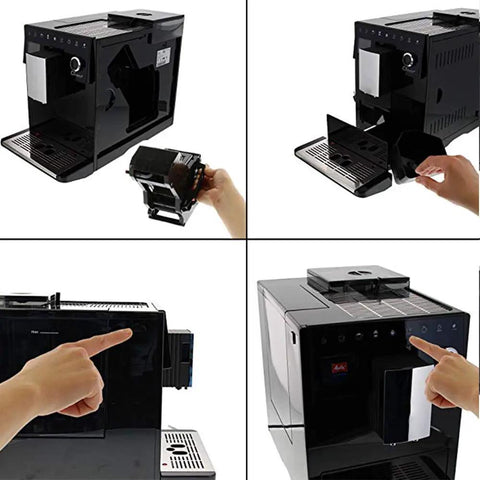 Top Shelf Bean To Cup Coffee Machine No Sweat Slick Operation showing black design and touch controls, detail of bean container extraction.