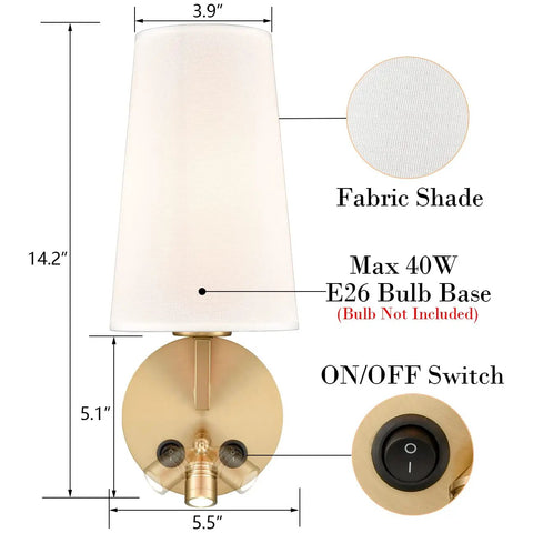 Set Of Two Modern Brass Gold Wall Sconces With Fabric Shade And USB Rechargeable Lights, showing bulb base and switch
